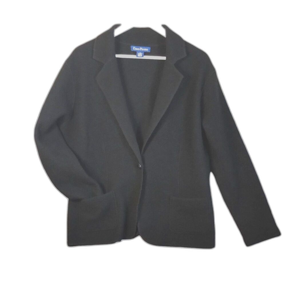 Evan-Picone Cardigan Women's L 100% Wool Black Long Sleeve Pockets Collar Blazer